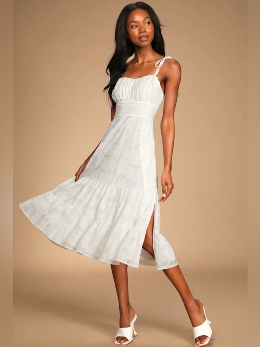 Lulu's Sweet Sentiments White Jacquard Tiered Midi Dress